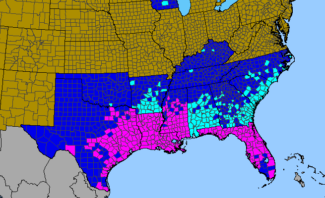 The range of Triadica sebifera